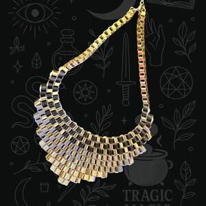 Vintage Gold Tone Woven Ribbon Bib Statement Necklace Adjustable 21”